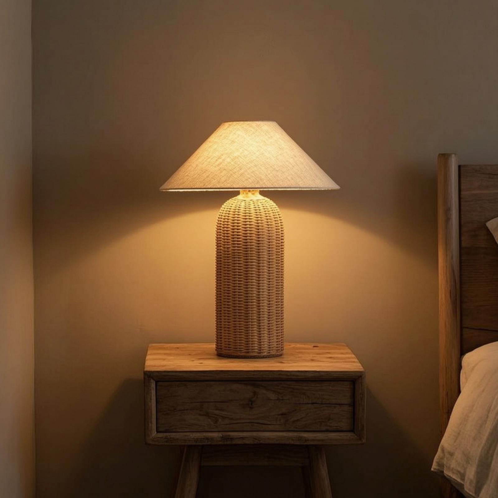 Lighting Table Decor - Nachttischlampe mit Rattanfuß und Stoffschirm, Dekorative
