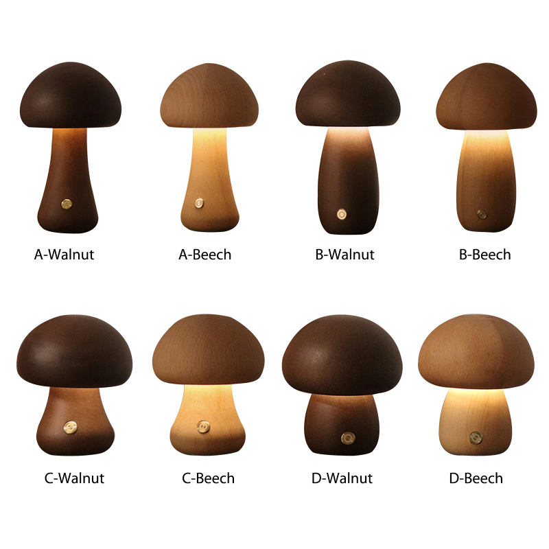 Mushroom Table Lamp - Niedliche Pilz-LED-Nachtlicht-Nachttischlampe aus Holz mit Touch-Schalter,